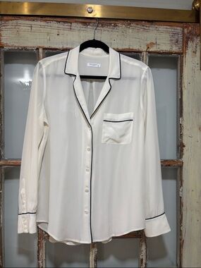 Equipment Ivory Silk Blouse with Black Piping